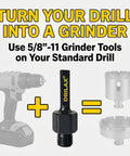 Universal Five Eighths To Three Eighths Drill Adapter Attachment With Threaded Arbor Shaft shown with drill and grinder tools.