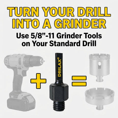 Universal Five Eighths To Three Eighths Drill Adapter Attachment With Threaded Arbor Shaft shown with drill and grinder tools.