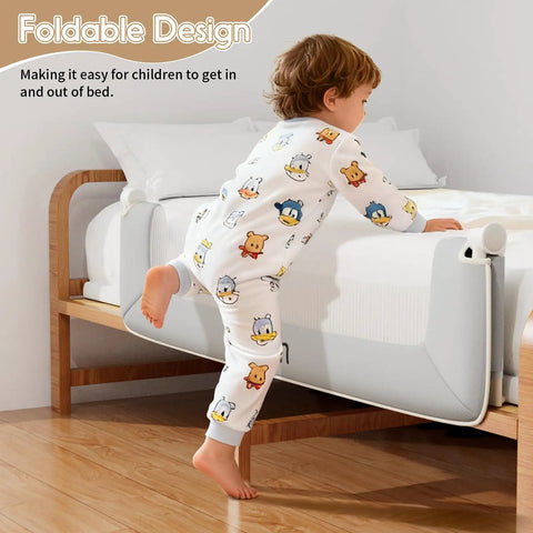 Child climbing over folding bed rail guard for toddlers with no drill U shape to T base upgrade on a twin bed, grey