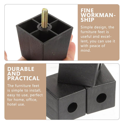 Four Pack Square Furniture Legs For Sofa And Cabinet, Black Metal And Plastic, Easy Install Replacement Feet, close-up view