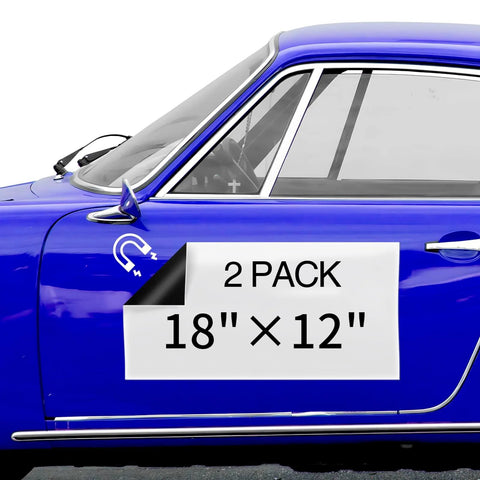 Two Pack 18x12 Inch Car Magnets With 40 Mil Thick Flexible Sheets on blue car door