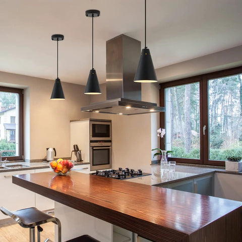 Three Pack Black Pendant Lights For Kitchen Island And Bar Counter, Modern Industrial Cone Shade Chandeliers With Adjustable Cords