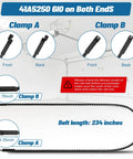 237 Inch Whisper Drive Belt For 7ft Garage Doors Replacement, showing clamps and belt length details in a garage setting