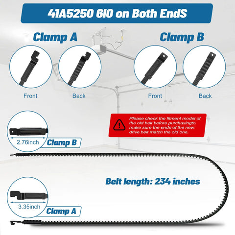 237 Inch Whisper Drive Belt For 7ft Garage Doors Replacement, showing clamps and belt length details in a garage setting