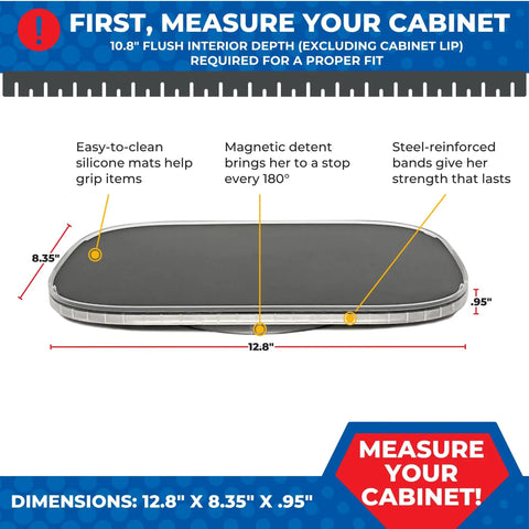 Beefy Steel Reinforced Lazy Susan Cabinet Organizer Turntable dimensions 12.8x8.35 inches with silicone mats and magnetic detent.