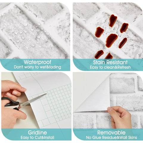 Peel And Stick Light Gray Faux Brick Wallpaper For Walls Removable Renter Friendly Backsplash Bathroom And Kitchen Farmhouse Style 17.7x393.7 Inches Easy To Install, showing features: waterproof, stain-resistant, gridline for cutting, and removable backing.