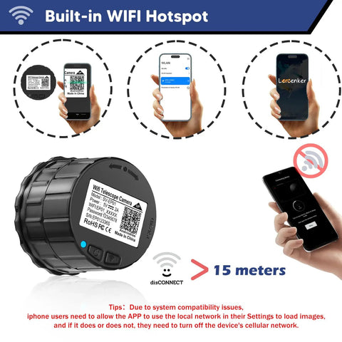 WiFi Eyepiece For Telescope And Microscope, HD 2K Image Amplifier with built-in WiFi hotspot, showing compatibility with phones.