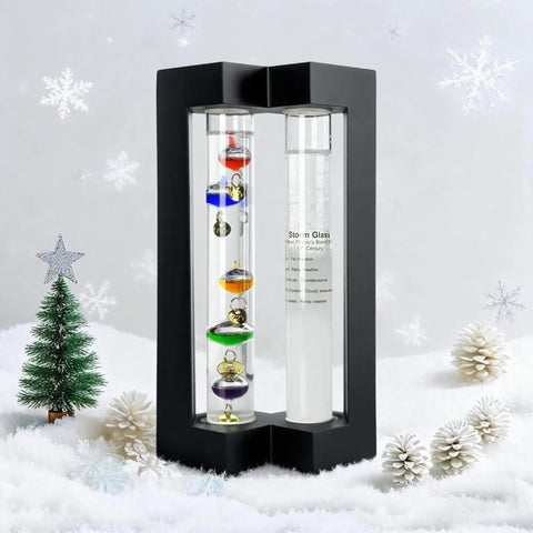 Dope Desktop Weather Station With Galileo Thermometer And Fitzroy Storm Glass Predictor, Matte Black Finish, Snow Background