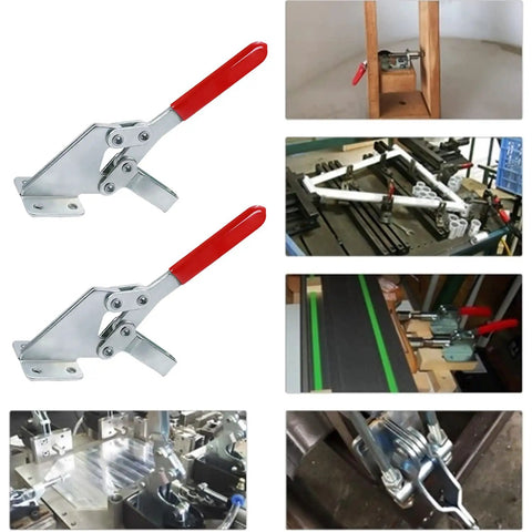 Hardcore Side Mounted Vertical Toggle Clamp Set With A Slick Quick Release Lever And Cushioned Rubber Tips For Tight Hold Downs shown in workshop settings.