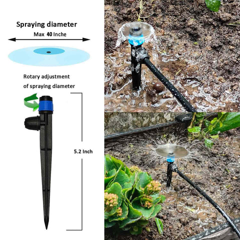 Automatic Drip Irrigation Kit With Water Timer 82 Ft 1 Quarter Inch Hose For 16 Sprinkler Heads illustrating adjustable sprinkler head.