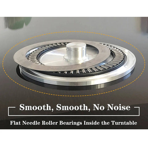 31 Inch To 35 Inch Tempered Glass Lazy Susan Turntable with quiet aluminum base focusing on flat needle roller bearings for smooth rotation.
