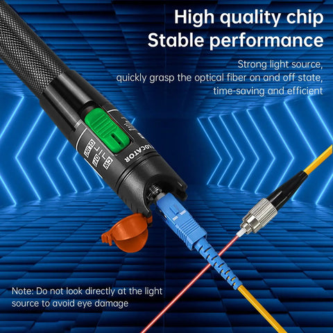 Fiber Optic Troubleshooting Kit Pro Grade With 30Km VFL Visual Fault Locator And 650nm Light, LC SC FC Adapter Set, Couplers, Cleaners, Dust Caps, And Short Patch Cords For Locating Breaks, Bends, And Faults, with red laser on blue connector