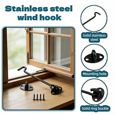 Heavy Duty 6 Inch Hook And Eye Locks 2 Pack Rock Solid Stainless Steel Barn Door Latch Rust Proof Black Wind hook installed on window