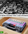 Big Ol Ultra Large Double Sided Battery Organizer Case With Tester And Handle Stores AA AAA C D 9V Lithium 18650 And More 262 Plus Capacity BT 168 Battery Checker in drawer
