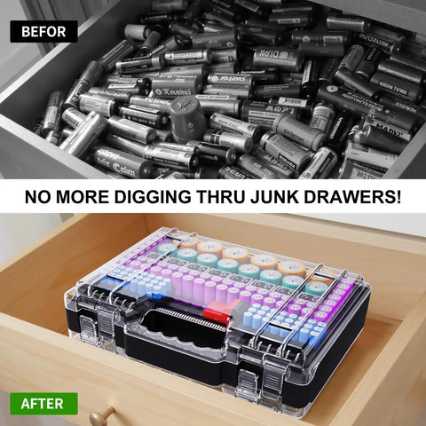 Big Ol Ultra Large Double Sided Battery Organizer Case With Tester And Handle Stores AA AAA C D 9V Lithium 18650 And More 262 Plus Capacity BT 168 Battery Checker in drawer