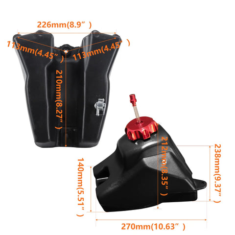 3.5L Dirt Bike Gas Tank with Aluminum Cap, Fuel Filter and Petcock, Fits Honda CRF50 XR50, Red Cap, dimensions shown