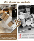 Clear Acrylic Coffee Cup And Lid Holder With Straw Organizer Five Compartment Disposable Cup Dispenser on countertop.