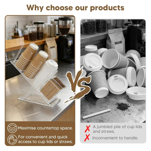 Clear Acrylic Coffee Cup And Lid Holder With Straw Organizer Five Compartment Disposable Cup Dispenser on countertop.