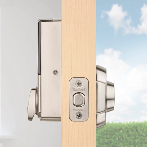 Turn Your Deadbolt Into A Smart Lock With Zigbee 3.0 Kit Satin Nickel Finish Keyless Entry And Compatibility With Xfinity SmartThings Hub V3 Echo Plus And Echo Devices Easy DIY Installation side view of lock on wooden door