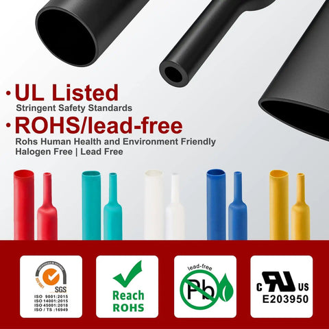 2 To 1 Ratio Heat Shrink Tubing 50mm Black Polyolefin Sleeving Roll, UL Listed, ROHS compliant, various colors displayed