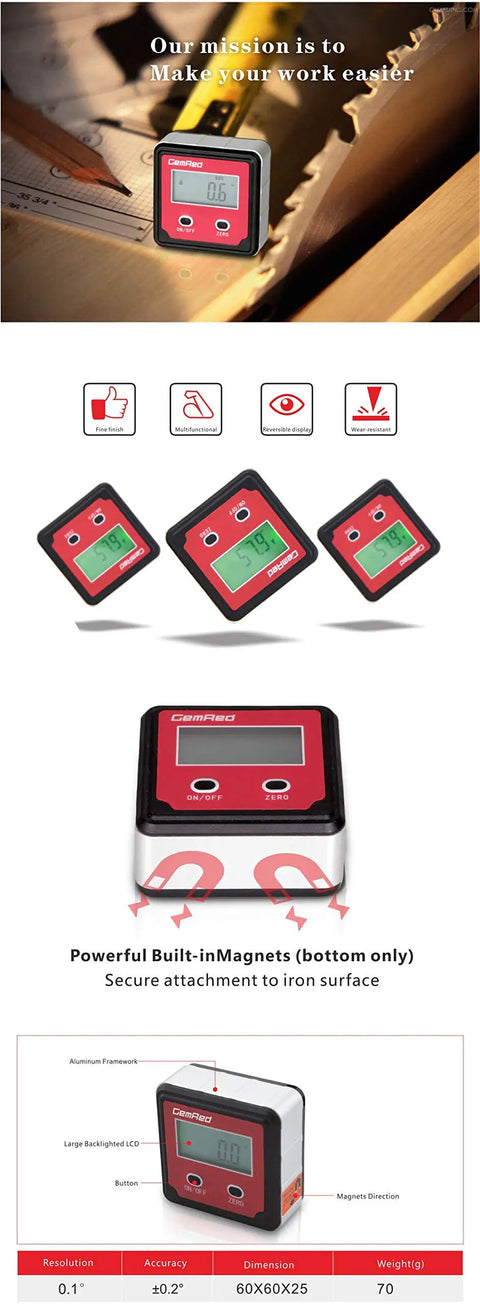 Digital Angle Gauge DAG V1 with backlit display for precise measuring, showing green backlight and magnetic attachment features.