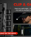 Rechargeable 1500 Lumen Pocket Flashlight With Magnetic Base And Clip attached to hat and backpack for EDC use