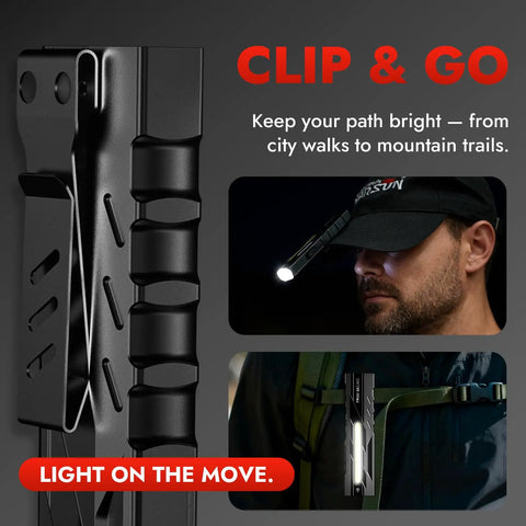 Rechargeable 1500 Lumen Pocket Flashlight With Magnetic Base And Clip attached to hat and backpack for EDC use