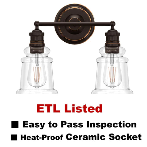Oil Rubbed Bronze Two Light Vanity Light Fixtures With Clear Cylinder Glass Shades Over Mirror Modern Dual Mount For Bathroom