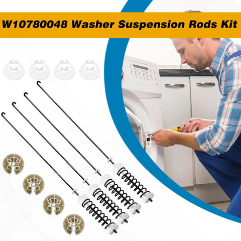 Washer Suspension Rod Kit 4 Pcs Replacement For Top Load Washers W10780048, repairman fixing washer with rods displayed