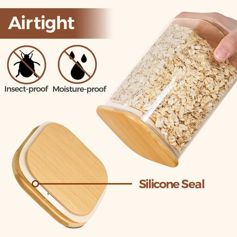Six Pack Airtight Glass Storage Canisters With Square Lids Set For Flour Cereal Sugar Tea Coffee Beans Snacks Pantry Organization Kitchen Jars 0.7 Qt 1.2 Qt 1.6 Qt showing silicone seal and airtight design
