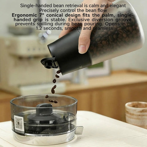 Smart Electric Vacuum Coffee Canister With Bright Digital Screen And Handy Timer To Lock In Dang Fresh Bean Flavor While Keeping Trail Mix And Loose Leaf Tea Hella Crisp, pouring coffee beans.
