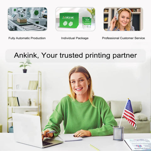 Woman working on a laptop at a desk with USA flag, green packaging, printing partner text, and customer service professional visible.
