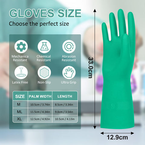 Kick Ass Chemical Resistant Gloves 10 Pack Heavy Duty Nitrile Work Protective Gear Built Different For Acid Oil Alkali Defense 12 Inch Long Rock Solid Industrial green nitrile gloves shown with size chart and specifications