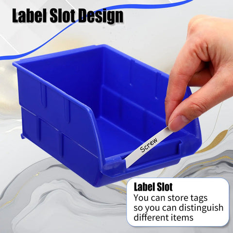 Wall Mounted Plastic Storage Bins Set With 16 Bins And 4 Rails For Screws Nuts Bolts Nails And Small Hardware In A Garage Tool Organizer Durable Stackable And Rust Proof Blue with label slot design.
