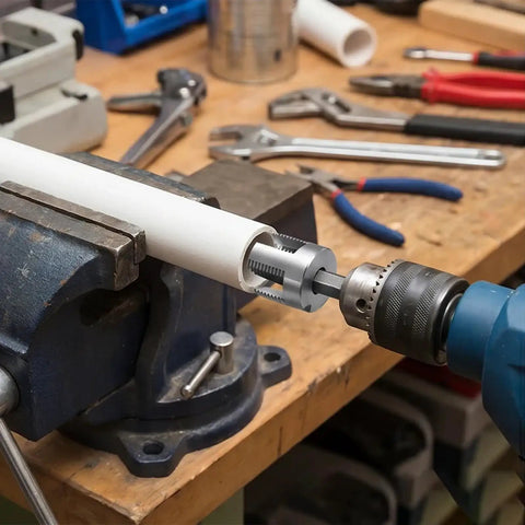 Shuielai 3 Piece Pipe Threading Tool Kit With Electric Drill Compatible dual function cutter on PVC pipe in workshop.