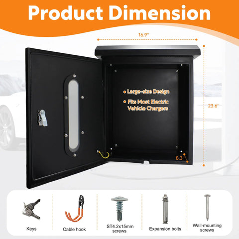Tough As Nails EV Charger Cover Heavy Duty Weatherproof Outdoor Housing For Tesla And Universal Electric Cars With Cable Ports View Window And Fast Hookup dimensions 23.6 x 16.9 x 8.3 inches with interior features.