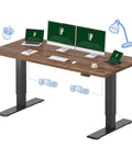 Large Dual Motor Electric Standing Desk 71 By 32 Inch Black Walnut, 198 Lbs Heavy-Duty Capacity, Smooth Height Adjustment, Ideal For Remote Work, Home Office, Creative Studio, And Multi-Monitor Setups with monitors and decor