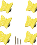 Hella Chic Yellow Ceramic Butterfly Cabinet Knobs Premium Six Piece Set Dang Beautiful Vintage Drawer Pulls with gold mounting screws.