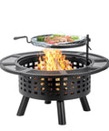 36 Inch Outdoor Fire Pit With Grill And Lid Wood Burning Fire Pit Table 3 In 1 Metal Fire Pit With Cooking Grate And Fire Poker For Bonfire Yard BBQ Jet Black, showing flames and food on grill.