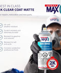 Spray Max 2K Matte Clear Coat spray can with blue label; held by gloved technician for automotive coating.