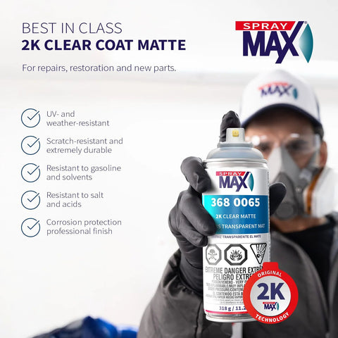 Spray Max 2K Matte Clear Coat spray can with blue label; held by gloved technician for automotive coating.