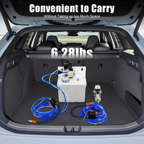 Heavy Duty Mist Coolant Lubrication Spray Kit For Precision Metalwork Machining displayed in car trunk, lightweight at 6.28 lbs.