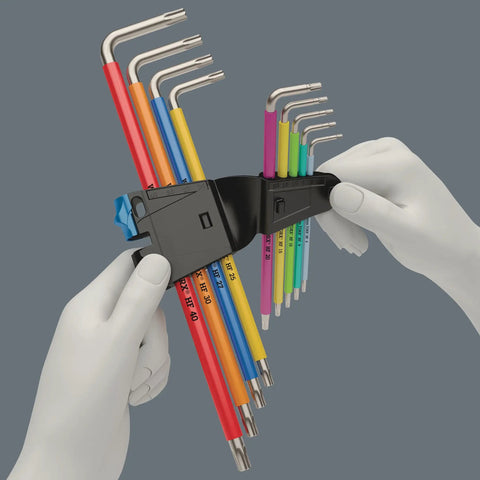 Hex Key Set With Holding Function 9 Piece Multicolor L Keys Ice Hardened Stainless Steel With Handy Clip Storage in hands