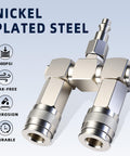 All In One 2 Way Air Hose Splitter Kit With One Quarter Inch NPT Male Quick Connect Adapters 360 Degree Swivel Nickel Plated