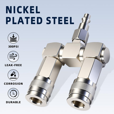 All In One 2 Way Air Hose Splitter Kit With One Quarter Inch NPT Male Quick Connect Adapters 360 Degree Swivel Nickel Plated