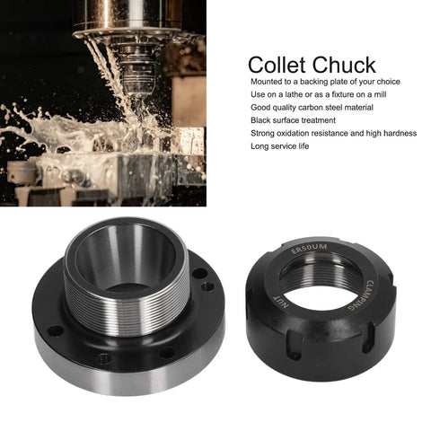 Heavy Duty ER50 Collet Chuck With 100Mm Diameter And Seven Holes For Lathe Milling CNC Machine Tool Made From Carbon Steel displayed with a black surface finish.