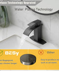 Matte Black Waterfall Bathroom Faucet With Pop Up Drain, Vanity Sink Faucet For One Hole Or Three Hole Install, 6 Inch Deck Plate Included, Single Handle, Two Flexible Hoses Included, CUPC Waterlines shown in use on a vanity sink