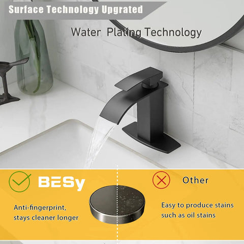 Matte Black Waterfall Bathroom Faucet With Pop Up Drain, Vanity Sink Faucet For One Hole Or Three Hole Install, 6 Inch Deck Plate Included, Single Handle, Two Flexible Hoses Included, CUPC Waterlines shown in use on a vanity sink
