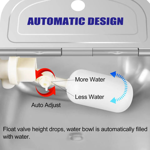 Close-up of the auto adjust float valve design of the No Fuss Automatic Livestock Water Dispenser, showing water level control.