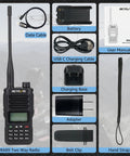 Rugged Dual Band Handheld Radio With IP68 Waterproofing, 2500mAh USB-C Battery, CHIRP Compatible Walkie Talkie and accessories.